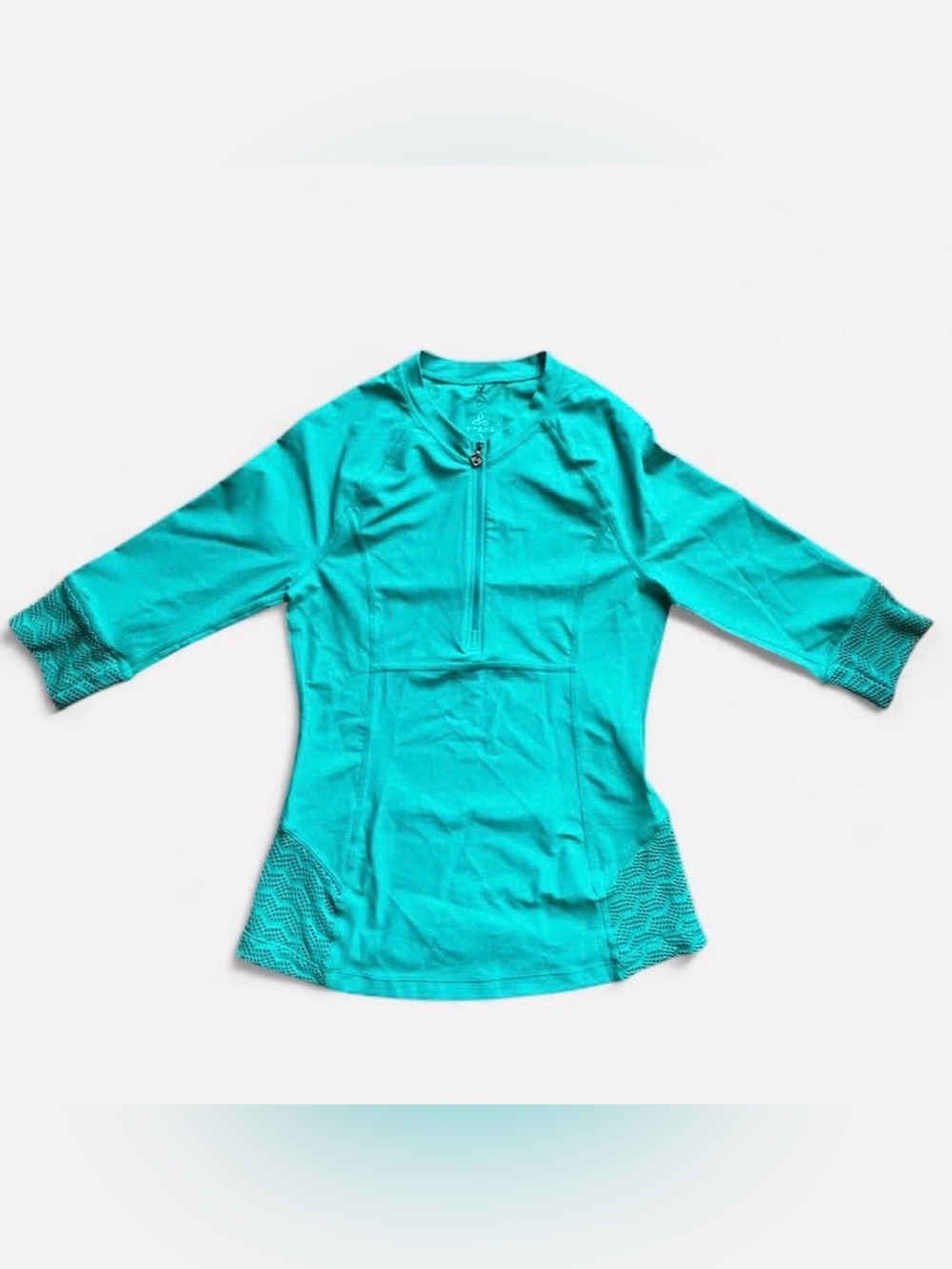 prAna Brigitte Quarter Zip Pullover Teal Crochet Trim Athletic Top Size Small